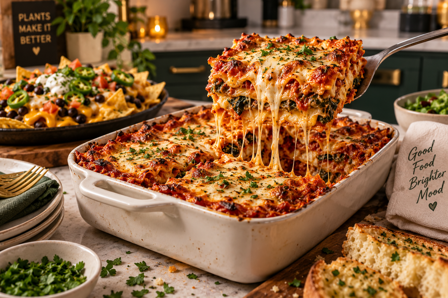 plant-based-cheesy-comfort-food-lasagna Saucy plant-based lasagna with a browned dairy-free topping being served from a family-style baking dish.