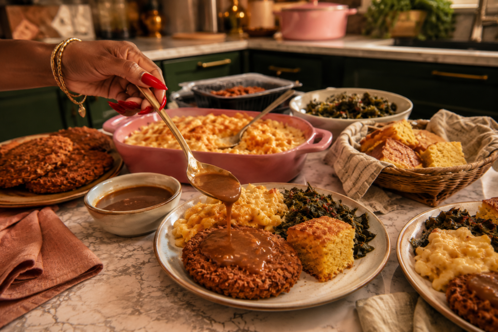 shortcut-vegan-sunday-dinner Shortcut plant-based Sunday dinner with vegan mac and cheese, seasoned greens, crispy cutlets, gravy, and cornbread.