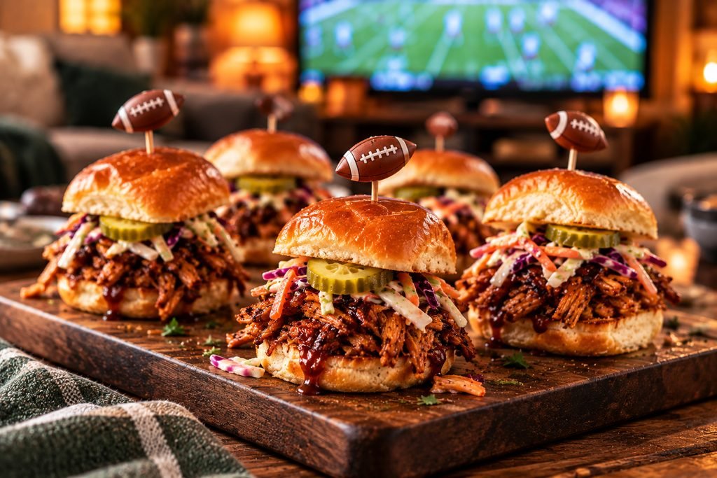 Smoky pulled oyster mushroom sliders with barbecue sauce, crunchy slaw and pickles.