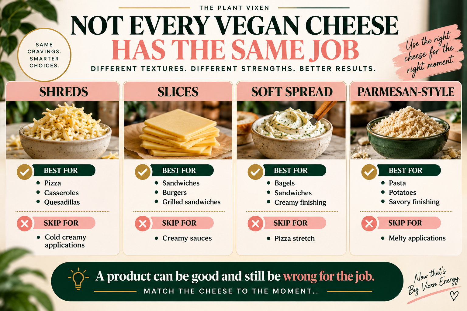 vegan-cheese-best-use-comparison Comparison graphic showing different types of plant-based cheese and the foods each style works best with.
