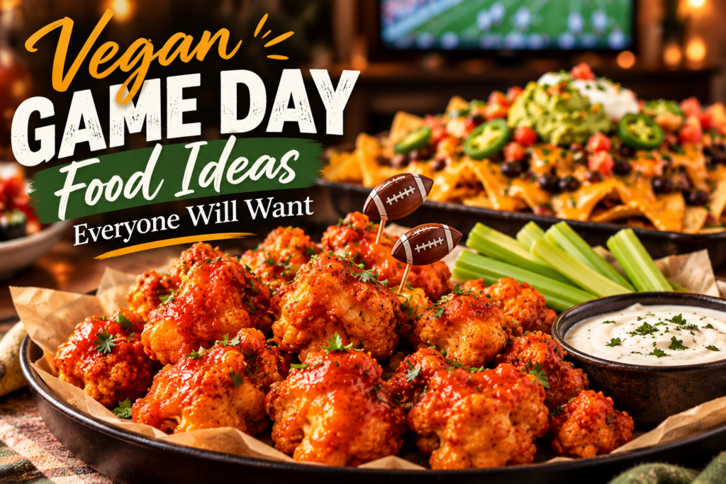 Buffalo cauliflower bites with vegan ranch and loaded nachos on a game-day table.