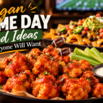 Buffalo cauliflower bites with vegan ranch and loaded nachos on a game-day table.