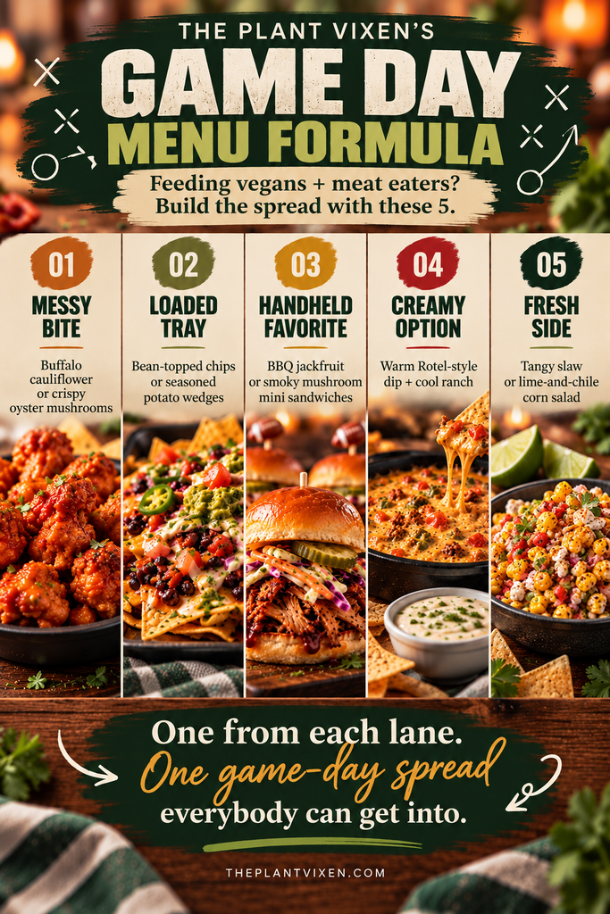 Five-part vegan game-day menu formula with messy bites, loaded trays, handheld favorites, creamy options and fresh sides.