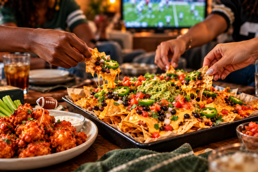 Friends reaching for loaded vegan nachos during a game-day watch party.