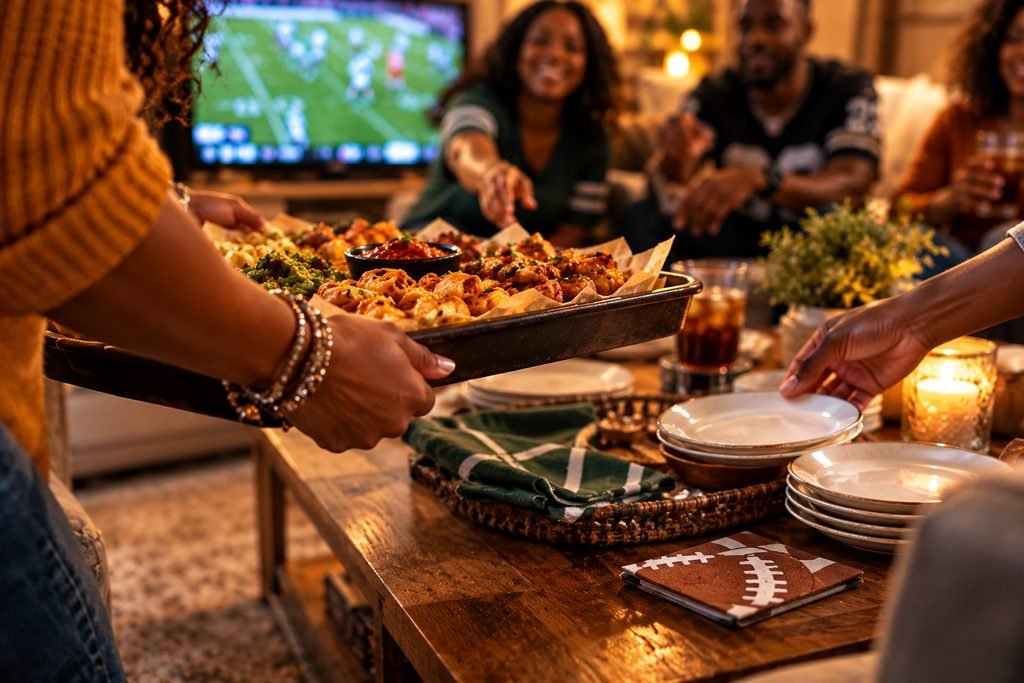 Friends gathering for a football watch party as a tray of game-day food is brought into the room.