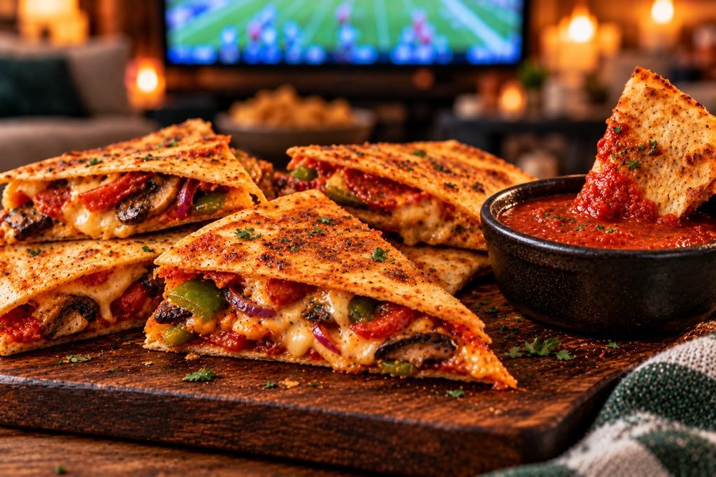 Crispy vegan pizza quesadilla wedges with vegetables, dairy-free cheese and warm marinara.