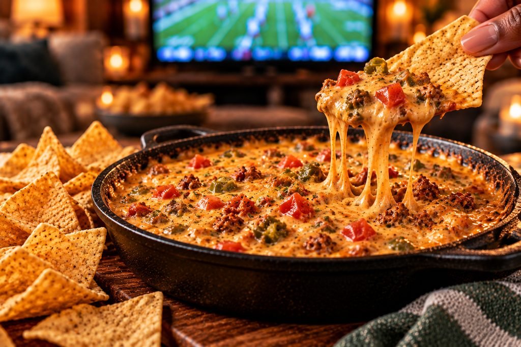 Warm vegan queso with diced tomatoes, green chiles and plant-based crumbles served with tortilla chips.