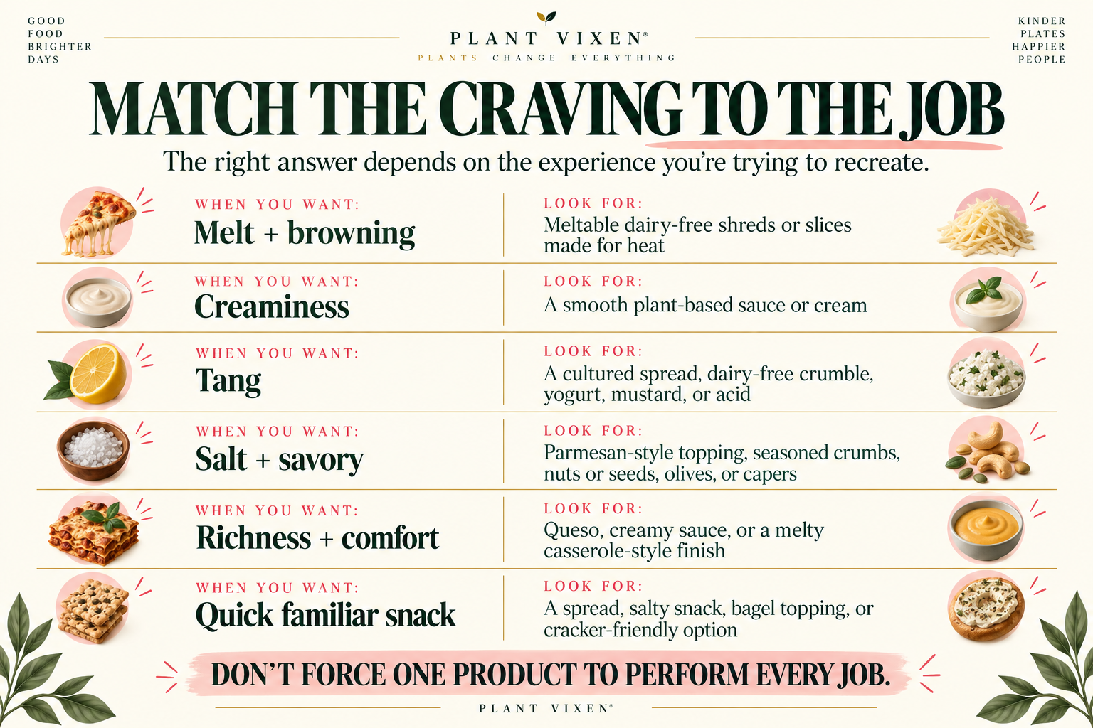 what-to-eat-when-craving-cheese-chart Chart matching common cheese cravings with plant-based options based on melt, creaminess, tang, savory flavor, comfort, and convenience.