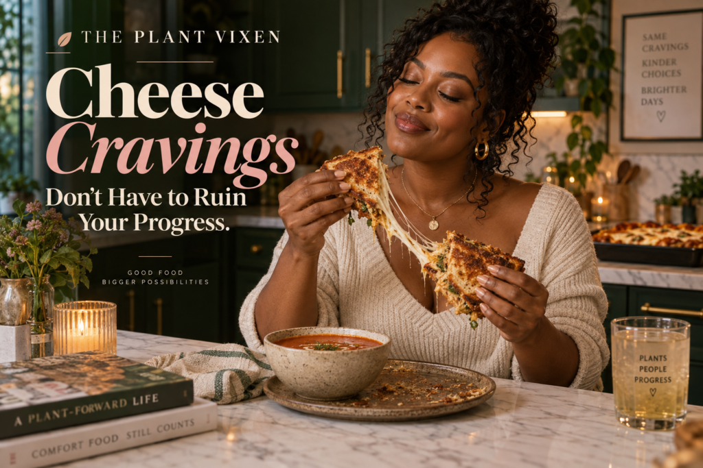 Plant-based grilled cheese sandwich with a melty center served with tomato soup in a warm modern kitchen.