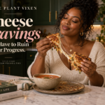 Plant-based grilled cheese sandwich with a melty center served with tomato soup in a warm modern kitchen.